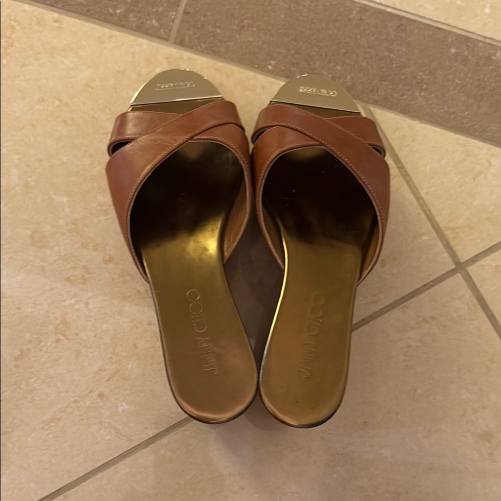 Jimmy Choo Brown and Gold Mules - Picture 2 of 8
